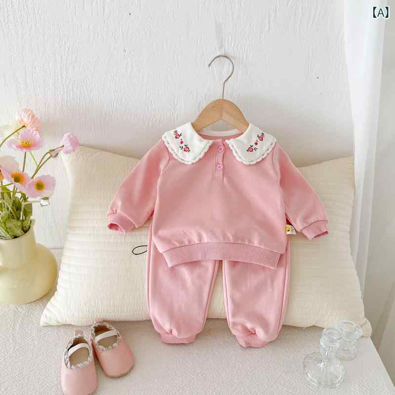 Rakuten - セットアップ 女の子 ベビー キッズ 幼児 秋冬 綿 コットン 長袖 プルオーバー スウェット トレーナー 上下セット 柔らかい 無地 カジュアル かわいい おしゃれ ピンク 2点セット