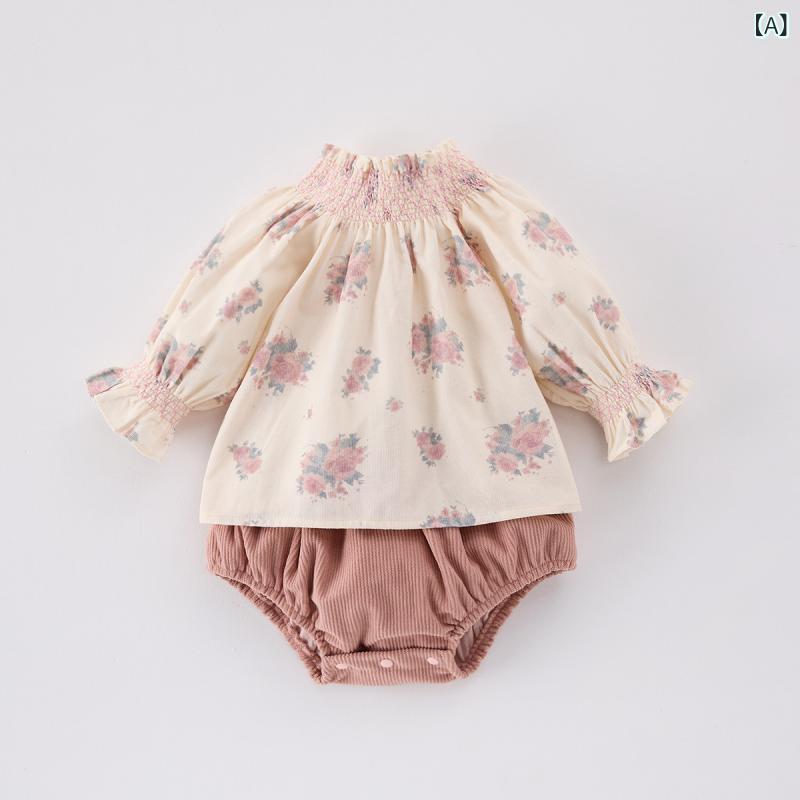 パンツセット ベビー 女の子 春秋 韓国風 おしゃれ かわいい お出かけ 普段使い ギャザー襟 花柄 長袖ブラウス ゆったり バルーンショーツ 2点セット 綿 ピンク