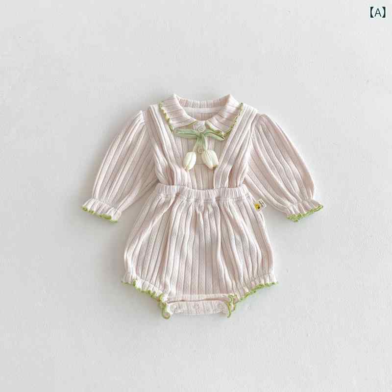 Overalls - セットアップ ベビー 女の子 春夏秋 リブ フリル 長袖カットソー オーバーオール 2点セット 綿 コットン カジュアル おしゃれ かわいい ベージュ アイボリー 普段着 通園着