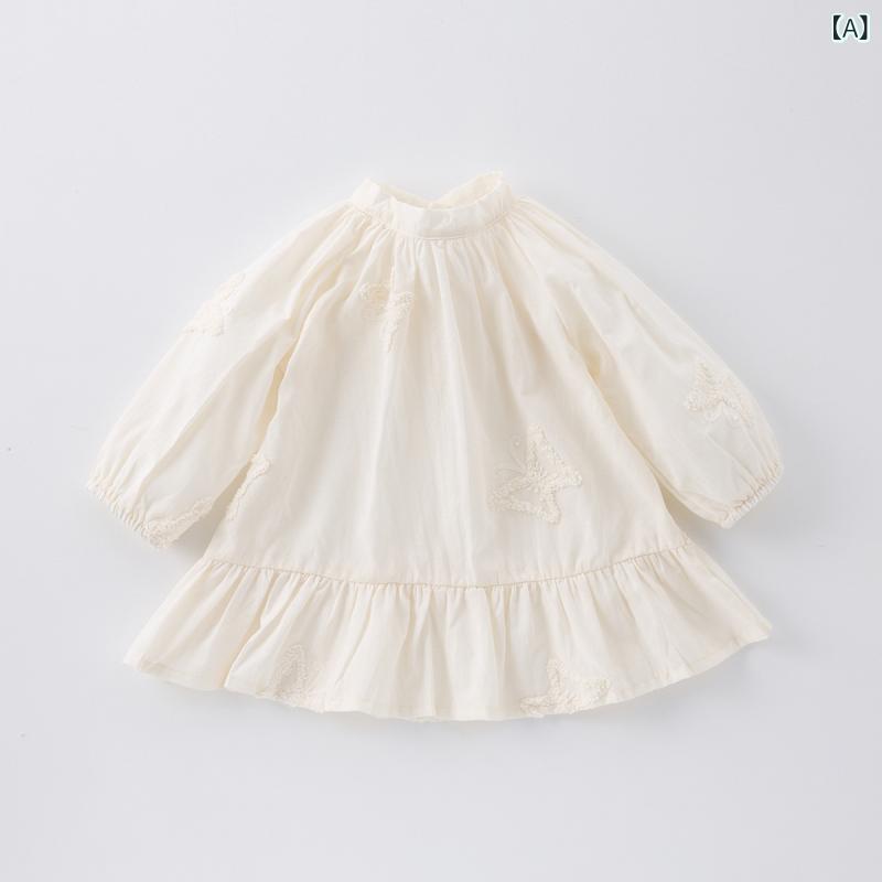 ワンピース 女の子 韓国子供服 フレンチスタイル 蝶々刺繍 上品 エレガント プリンセスドレス おしゃれ コットン Aライン お出かけ着 杏色