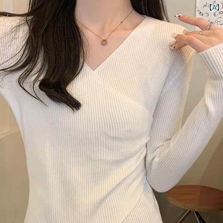 トップス レディース 女性用 ニット カットソー Vネック 長袖 高級感 おしゃれ アシンメトリー 変形 インナー レイヤード 細身 伸縮性 レーヨン アクリル 上品 エレガント 通勤 オフィス カジュアル 秋冬 ホワイト ベージュ カーキ グレー ブラ