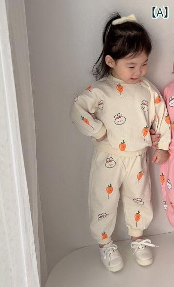 樂天商城 - スウェット セットアップ キッズ 男の子 女の子 子供服 韓国風 春秋 ニンジン うさぎ キャラクター プリント かわいい 長袖 トレーナー プルオーバー 長ズボン パンツ 上下セット 2点セット コットン 柔らかな肌触り オフホワイト ピンク系