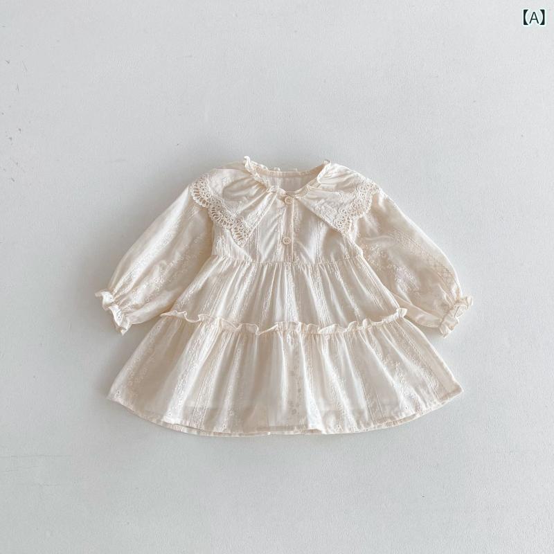 ワンピース 女の子 キッズ 女児 韓国風 襟付き 長袖 レース フリル プリンセスドレス 綿 コットン素材 上品 かわいい おしゃれ お出かけ 無地 春秋 アプリコット