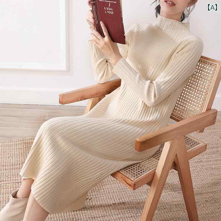 Coat - ニットワンピース レディース ミドル丈 ゆったり 体型カバー モックネック 長袖 プルオーバー 無地 コアヤーン素材 秋冬 カジュアルスタイル レイヤード
