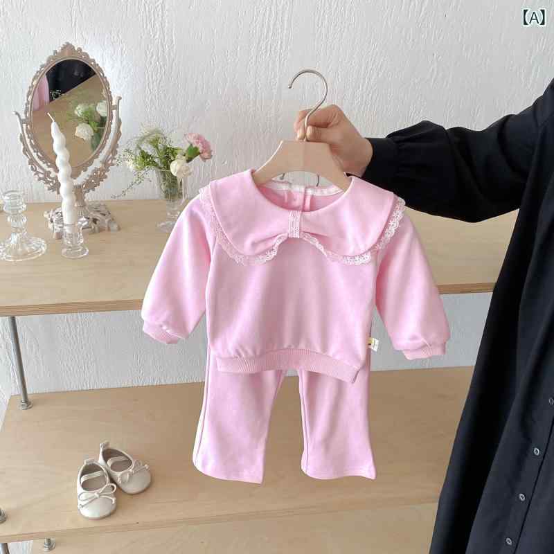 ベビー服 女の子 ベビー 韓国風 ドール風 レース襟 長袖 スウェット トレーナー 綿 コットン 柔らかい スウェットパンツ ボトムス 上下 セットアップ 2点セット かわいい おしゃれ カジュアル 普段使い 春秋 ピンク
