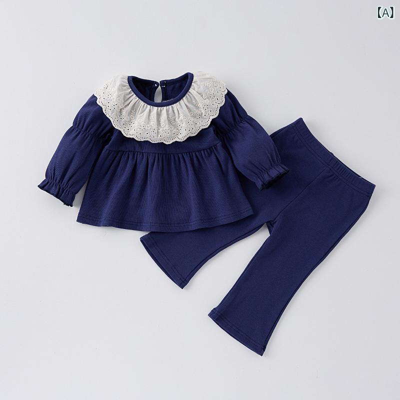 Overalls - セットアップ 女の子 ベビー キッズ 春夏 韓国ファッション フリル襟 長袖 ブラウス ワイドパンツ 綿 コットン 2点セット おしゃれ かわいい やわらか 無地 普段使い お出かけ ブルー アプリコット