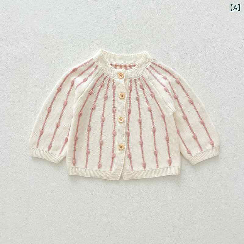 カーディガン ベビー 女の子 赤ちゃん 子供服 綿 コットン ニット 手編み パフスリーブ 丸首 ドット柄 前開き 長袖 柔らかい 肌触り良い おしゃれ かわいい トップス アウター 春秋 アイボリー ピンク系 普段使い お出かけ
