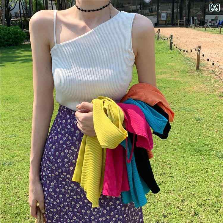 キャミソール レディース タンクトップ セクシー サイドオープンショルダー 肌見せ 無地 ショート丈 クロップド丈 ニットトップス スリ..