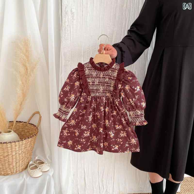 ワンピース 女の子 ガールズ 子供服 レトロ ヴィンテージ ハンドスモック スタンドカラー パフスリーブ プリンセスドレス 韓国風 花柄 ブラウン 綿 コットン 春秋 スウィート ガーリー 上品 かわいい ふんわり お出かけ着