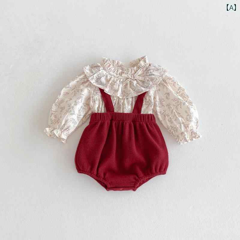 ベビー服 女の子 セットアップ 秋物 韓国風 ファッション コットン 綿素材 柔らかい肌触り 長袖 トップス サロペット ショートパンツ 2点セット お出かけ 普段着 カジュアル レッド