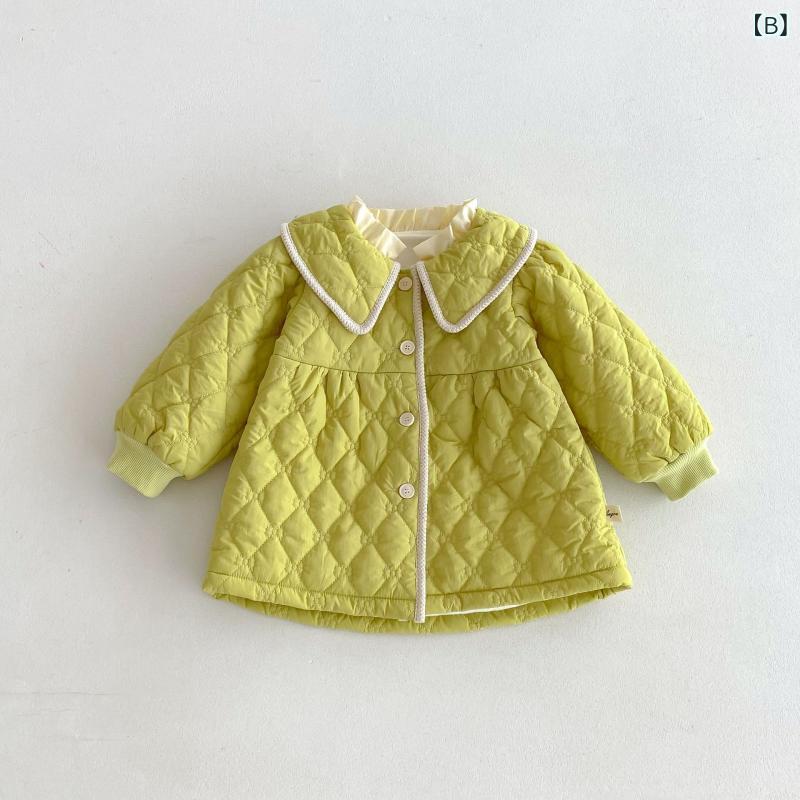 narukiのコート ベビー 女の子 秋冬 韓国風 おしゃれ きれいめ 中綿入り アウター ポリエステル製 柔らかい ラウンドネック ノーカラー 長袖 ミドル丈 暖か 防寒 ベージュ グリーン ブラック｜アングル2