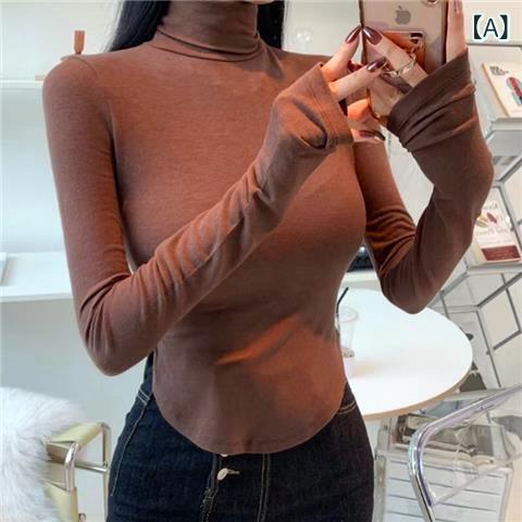 Tシャツ レディース 女性用 春秋 ハイネック 長袖 起毛 保温 スリムフィット 無地 インナー トップス ポリエステル ショート丈 通勤 オ..