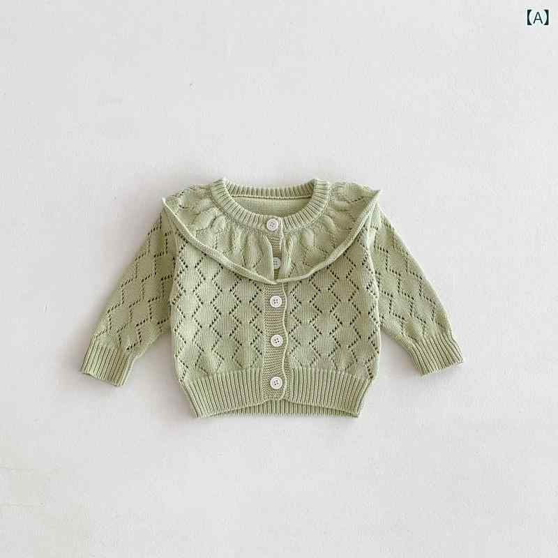 カーディガン 女の子 ベビー服 ニット 透かし編み 綿 コットン フリル襟 ラッフルカラー 長袖 柔らかい 無地 春 秋 お出かけ 普段使い 韓国風 カジュアル グリーン ベージュ