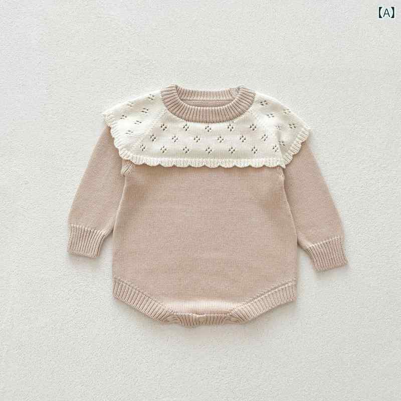 ロンパース 女の子 ベビー 女児 春秋 綿 コットン おしゃれ かわいい 韓国風 ニット 透かし編み レース フリル襟 ラッフルネック プルオーバー 長袖 普段着 お出かけ カーキベージュ オフホワイト