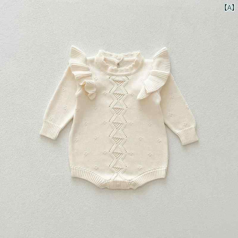 ロンパース カバーオール 女の子 ベビー 乳幼児 赤ちゃん 秋冬 韓国風 綿 ニット プルオーバー 長袖 フリル袖 かわいい おしゃれ デイリー カジュアル ルームウェア