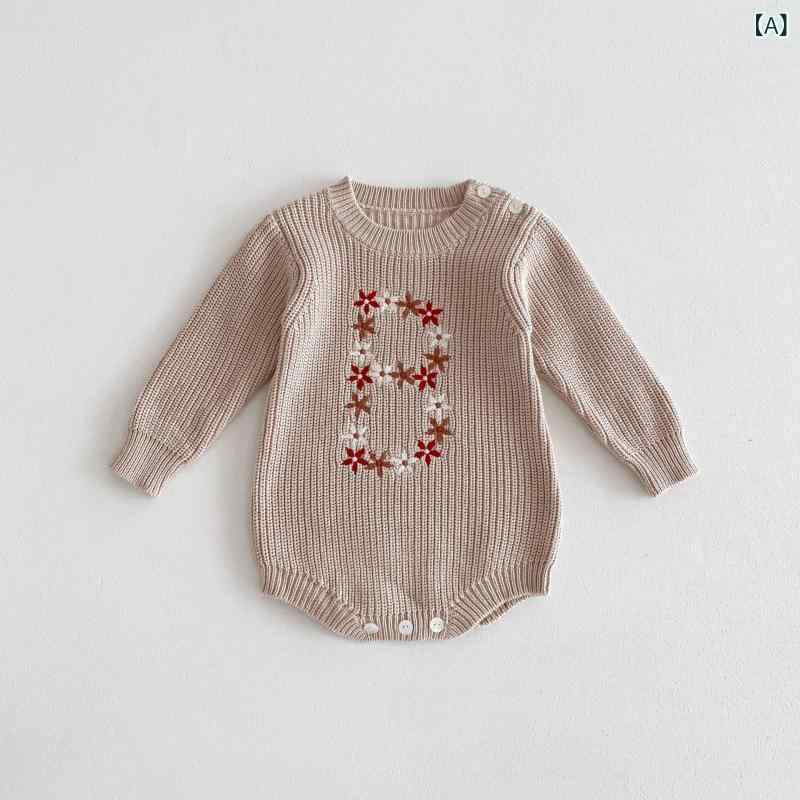 ロンパース ベビー 女の子 赤ちゃん 韓国風 オルチャン レトロ クラシック 花柄 刺繍 ニット セーター ..