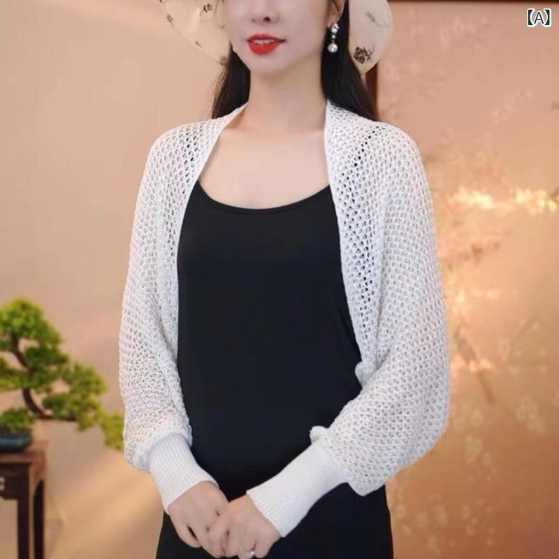 カーディガン レディース ショート丈 接触冷感 サマーニット 透かし編み パフスリーブ ショール 羽織り..