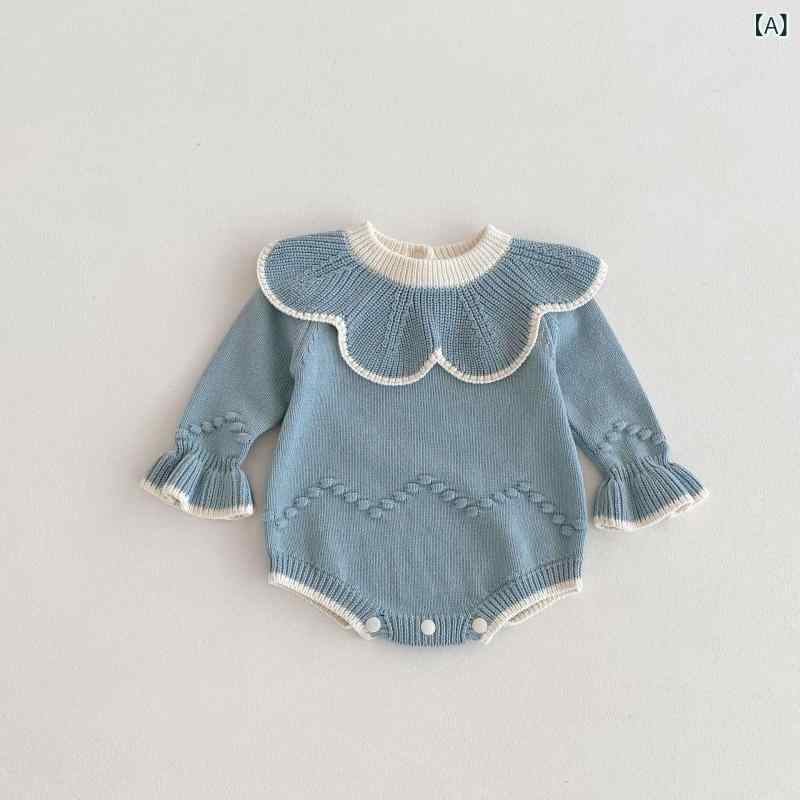 Overalls - ロンパース 女の子 ベビー 乳幼児 手編み ポンポン フリル襟 長袖 プルオーバー ニット コットン ソフト 普段着 秋冬 グレー ピンク