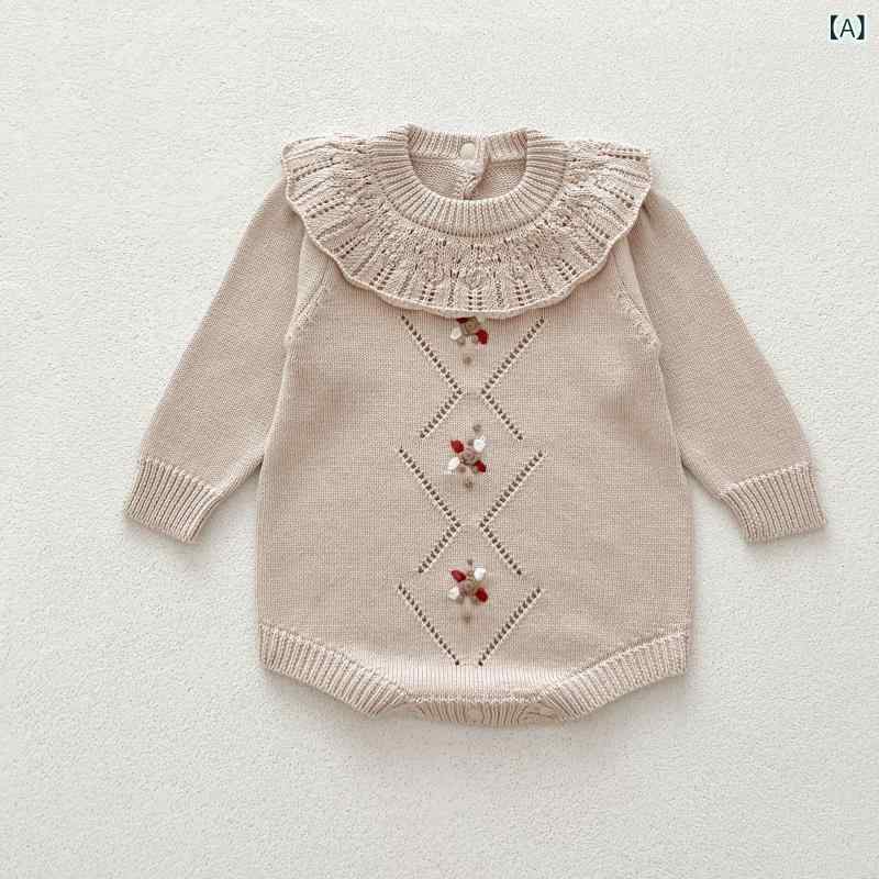 ロンパース ベビー 女の子 春秋 韓国風 綿 コットン ニット 花柄 刺繍 かわいい 長袖 襟付き 前開き カバーオール 柔らかい肌触り プリンセス 普段使い お出かけ