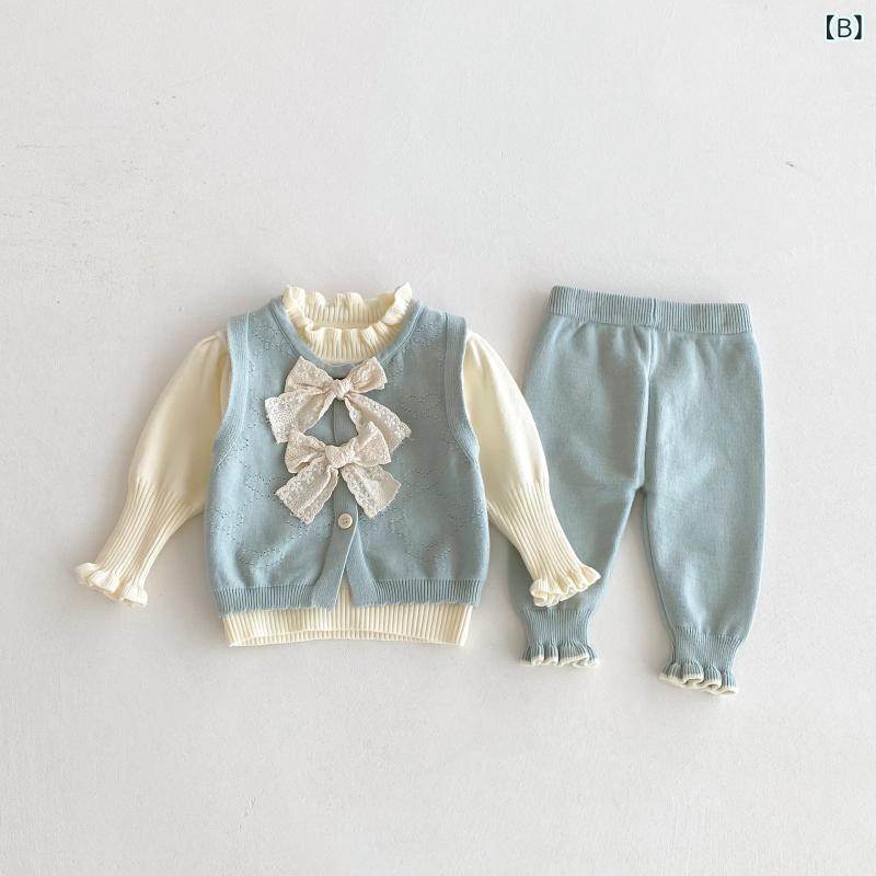 narukiのベビー 女の子 秋冬 3点セット セットアップ 韓国風 かわいい 長袖 トップス ベスト ロングパンツ ニット 無地 柔らか素材 保温性 普段着 お出かけ イエロー系 ブルー系｜アングル2
