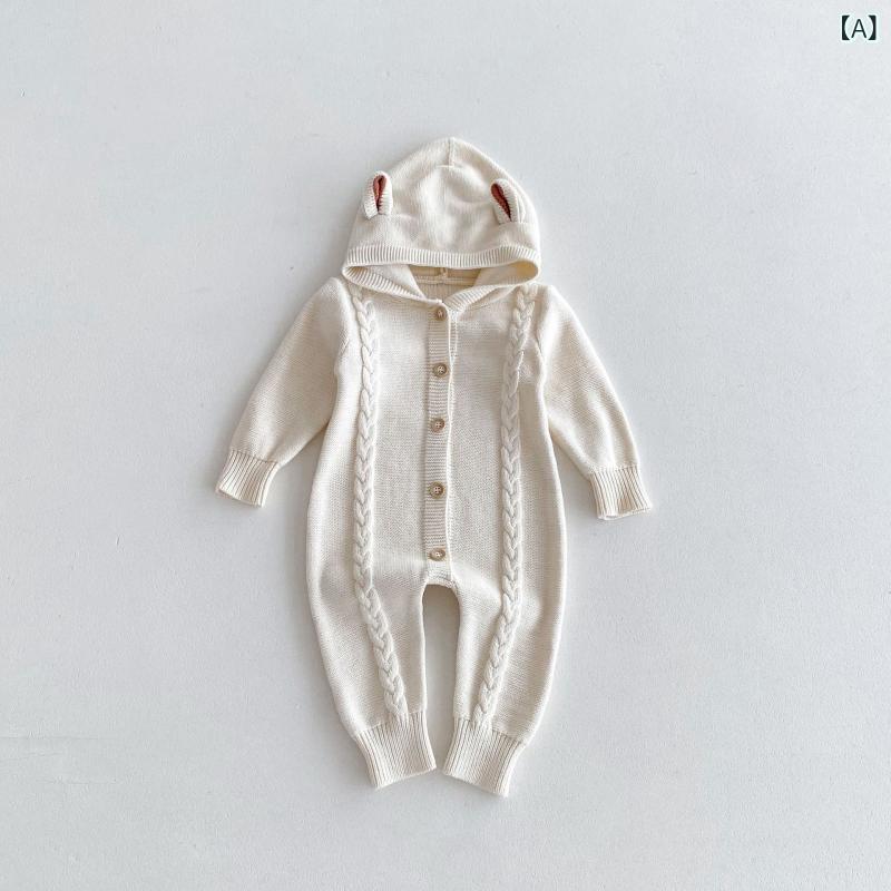 ロンパース ベビー 赤ちゃん 男女兼用 秋冬 綿 コットン ニット セーター 前開き 長袖 フード付き カバーオール プレオール おしゃれ かわいい 韓国風 普段使い お出かけ アイボリー ブラウン グレー
