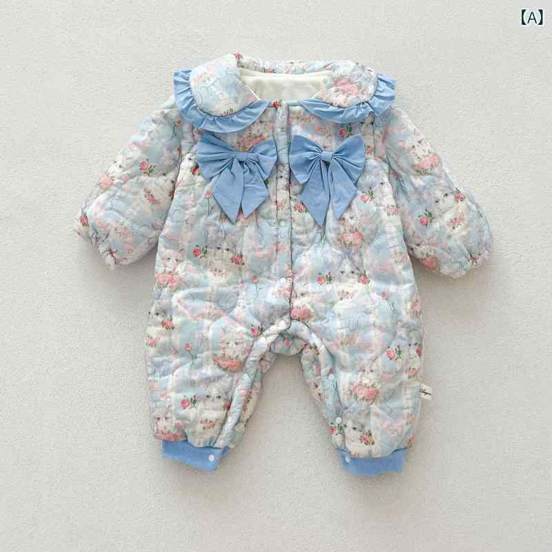 ロンパース 女の子 ベビー 冬 厚手 裏起毛 コットン プリント かわいい 長袖 前開き ブルー カジュアル..