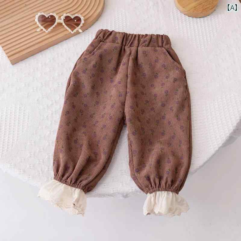 ・カテゴリ: キッズパンツ・スタイル: 韓国カジュアル・主な素材: 綿95%・生地: コーデュロイ・丈: フルレングス・柄: 花柄・要素: レース、田園風、トレンド・性別: 女の子用・対象年齢: 3～8歳・ウエスト: ミドル丈・ウエスト仕様: ゴム・カラー展開: カーキ、アプリコット、パープル・サイズ展開: 80cm, 90cm, 100cm, 110cm, 120cm, 130cm