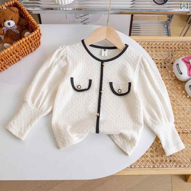 ブラウス 女の子 ガールズ 子供服 長袖 パフスリーブ トップス アウター 宮廷風 プリンセス おしゃれ カジュアル 綿100％ 配色 春秋 普段着 通園通学 アイボリー ピンク グリーン