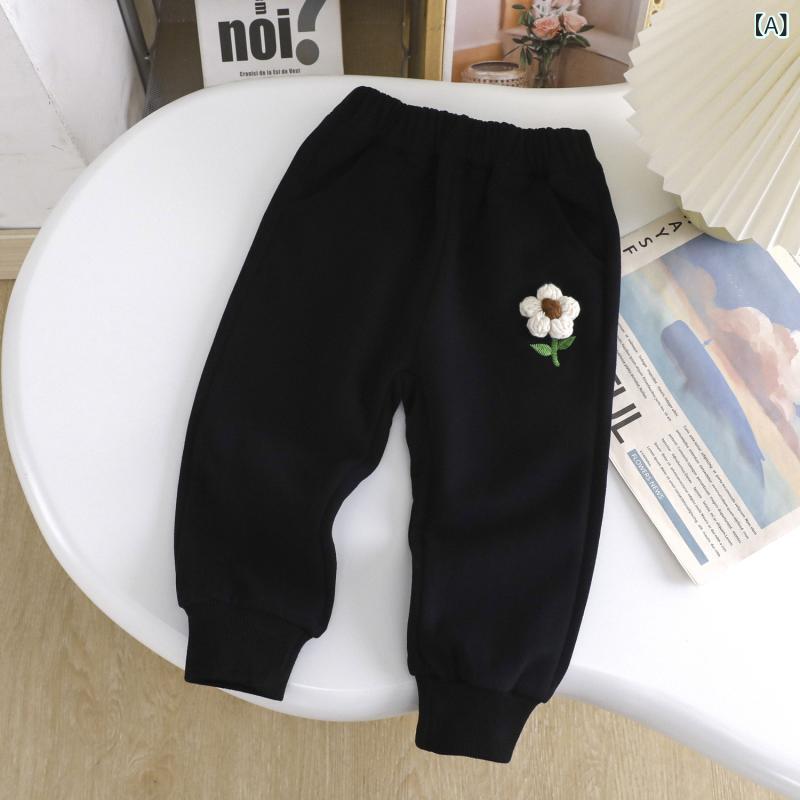 パンツ 女の子 キッズ 女児 秋冬 厚手 裏起毛 フリース 保温 防寒 あったか 暖かい 立体花柄 フラワー 普段使い カジュアル ロングズボン 綿混(4)