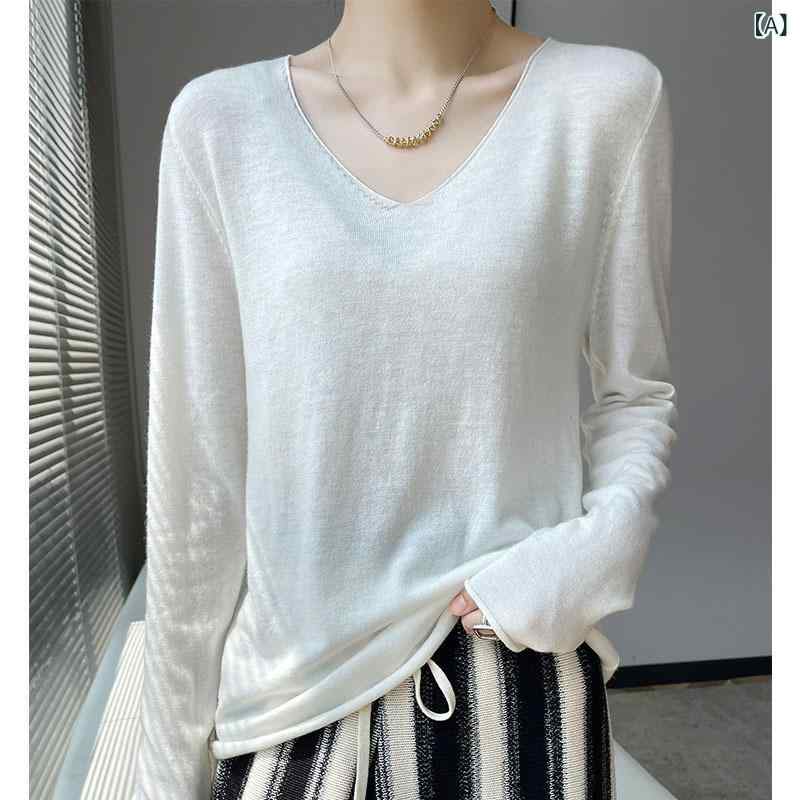 ニット セーター レディース Vネック 精紡ウール 長袖 インナー トップス プルオーバー 薄手 ゆったり ..