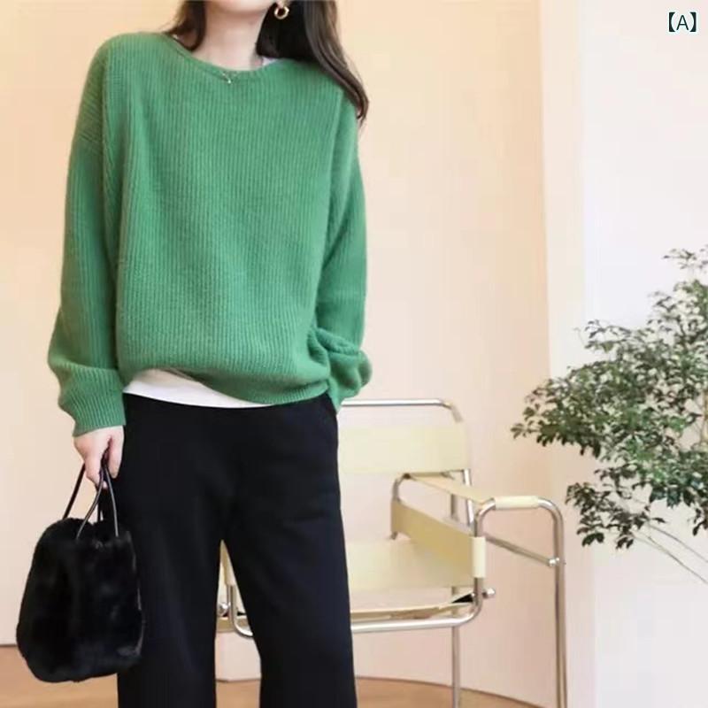 ニット レディース 女性用 秋冬 厚手 ラウンドネック 丸首 カシミヤ ウール セーター トップス ゆった..