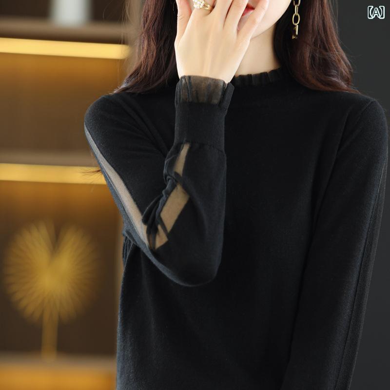 ニットトップス レディース 春夏 ラウンドネック 長袖 ウールブレンド 薄手 ゆったり 無地 デザイン性 ..