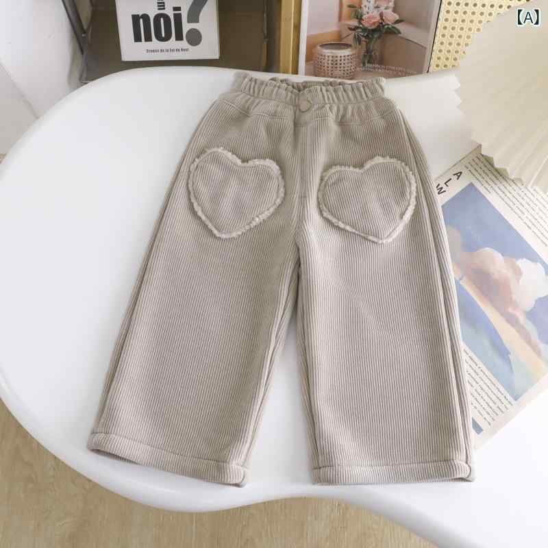 パンツ 女の子 ベビー キッズ 総裏起毛 コーデュロイ ゆったり ストレートワイド ハート柄 ウエストゴ..