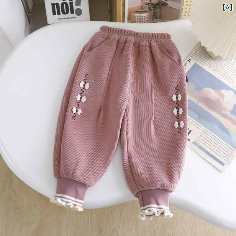 パンツ 女の子 キッズ 裏起毛 フリース 長ズボン ボトムス あったか 防寒 綿 コットン ウエストゴム 伸..