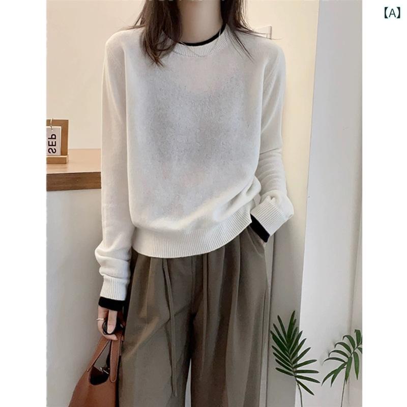 ニット レディース フェイクレイヤード 配色切り替え ウール 長袖 ゆったり クルーネック プルオーバー..