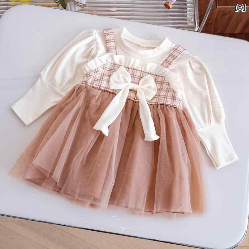 ワンピース ベビー 女の子 春秋 おしゃれ かわいい 韓国風 プリンセス風 ドレス 綿素材 リボン チュール 重ね着風 ラウンドネック 丸首 長袖 お出かけ 普段使い ブラウン ピンク