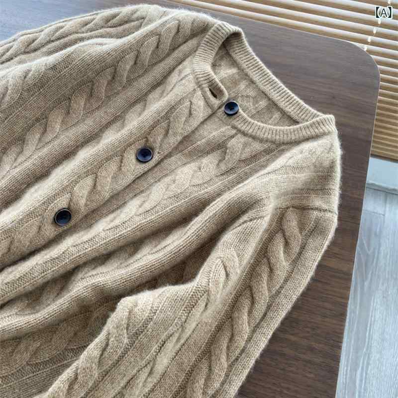 カーディガン レディース 高品質 上質ウール 厚手 クルーネック 丸首 ケーブル編み 立体デザイン ゆっ..