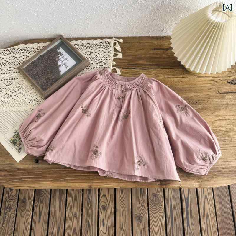 ブラウス 女の子 韓国ファッション ラウンドネック 小花柄 刺繍 長袖 パフスリーブ ドールブラウス 春秋 綿 コットン かわいい 着回し 普段使い