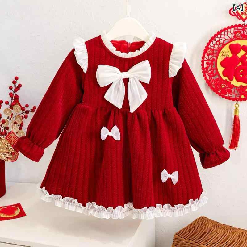 ワンピース 女の子 子供 ベビー ガールズ キッズ 秋冬 裏起毛 厚手 プリンセスドレス 綿 コットン Aラ..