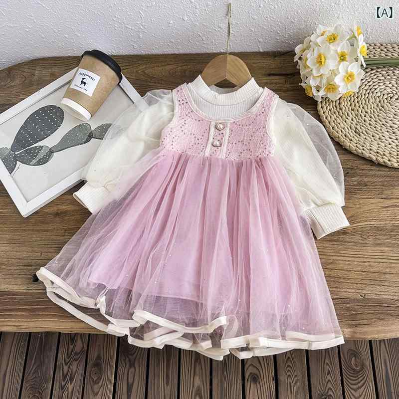 ワンピース 女の子 キッズ 春秋 長袖 ロングスリーブ プリンセスドレス フレアスカート かわいい フェミニン 韓国風 綿 コットン 柔らか素材 裏地付き ピンク コーヒー色 お出かけ 普段使い