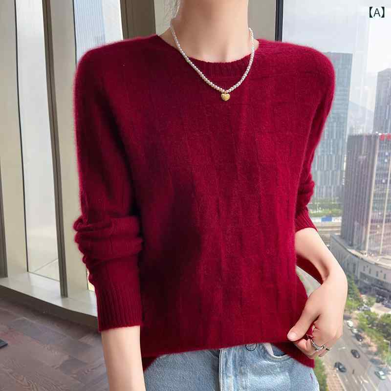 ニット レディース 女性用 秋冬 カシミヤ混 ウールブレンド ラウンドネック 丸首 長袖 プルオーバー イ..