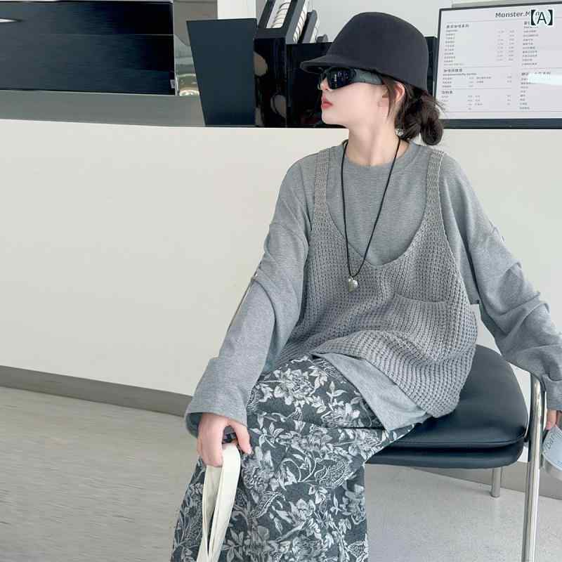 セットアップ 女の子 春秋 リラックス カジュアルスタイル レイヤード ニット ベスト ジレ ゆったり オ..