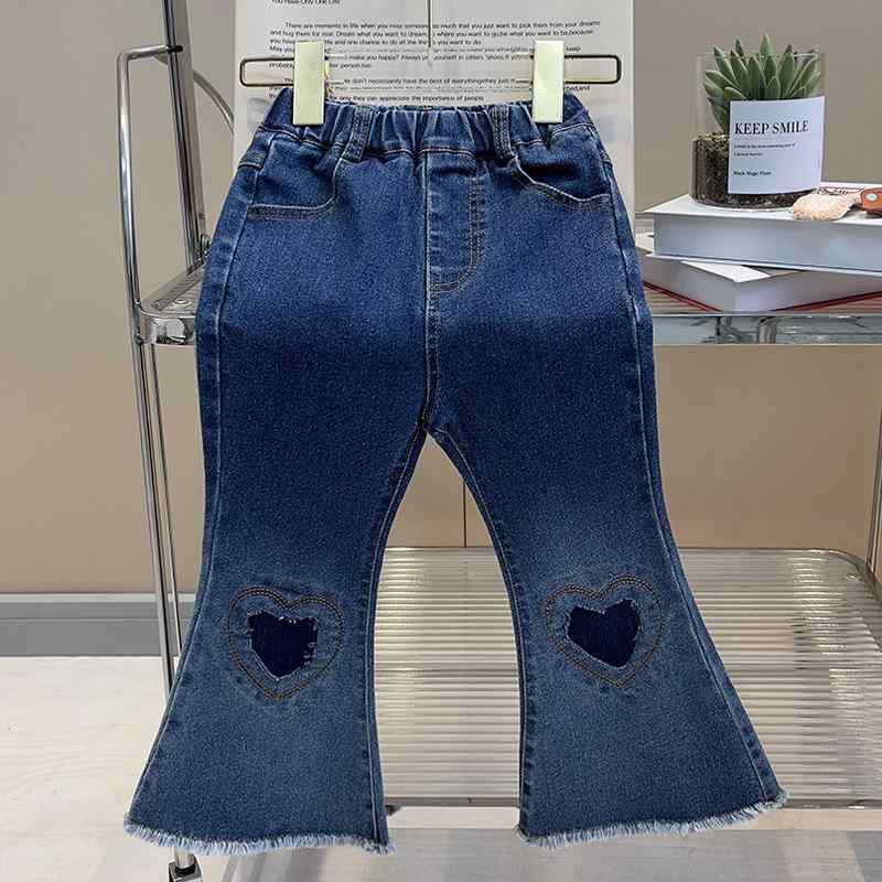 デニムパンツ ガールズ 春秋 韓国風 ハート柄 起毛 裾グラデーション ウォッシュ加工 おしゃれ かわい..