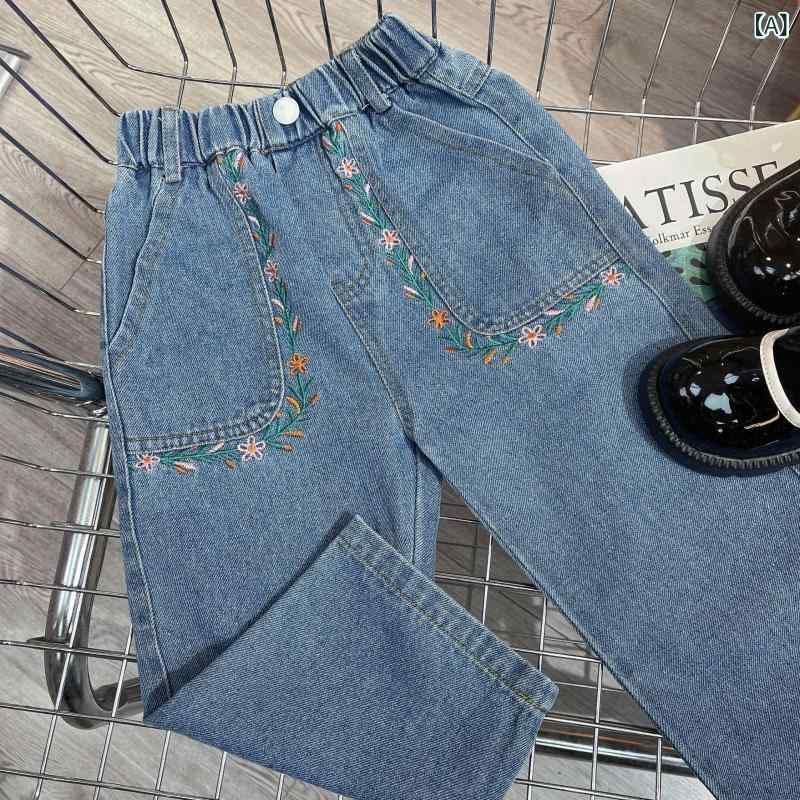 デニムパンツ 女の子 キッズ 春秋 花柄刺繍 レトロ おしゃれ ストレッチ 伸縮性 ウエストゴム ストレー..