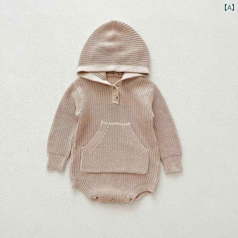 カバーオール ロンパース ベビー 赤ちゃん 幼児 男女兼用 春秋 綿 ニット フード付き ポケット付き 長..