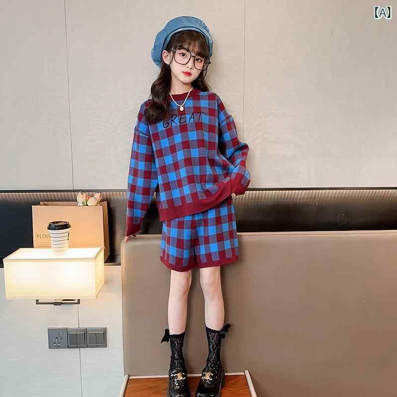 Long-Trousers, Trousers - セットアップ 女児 秋冬 ニット おしゃれ かわいい ツーピース 2点セット 新学期 通学 普段着 パンツ 長袖 綿混紡 柔らかい肌触り