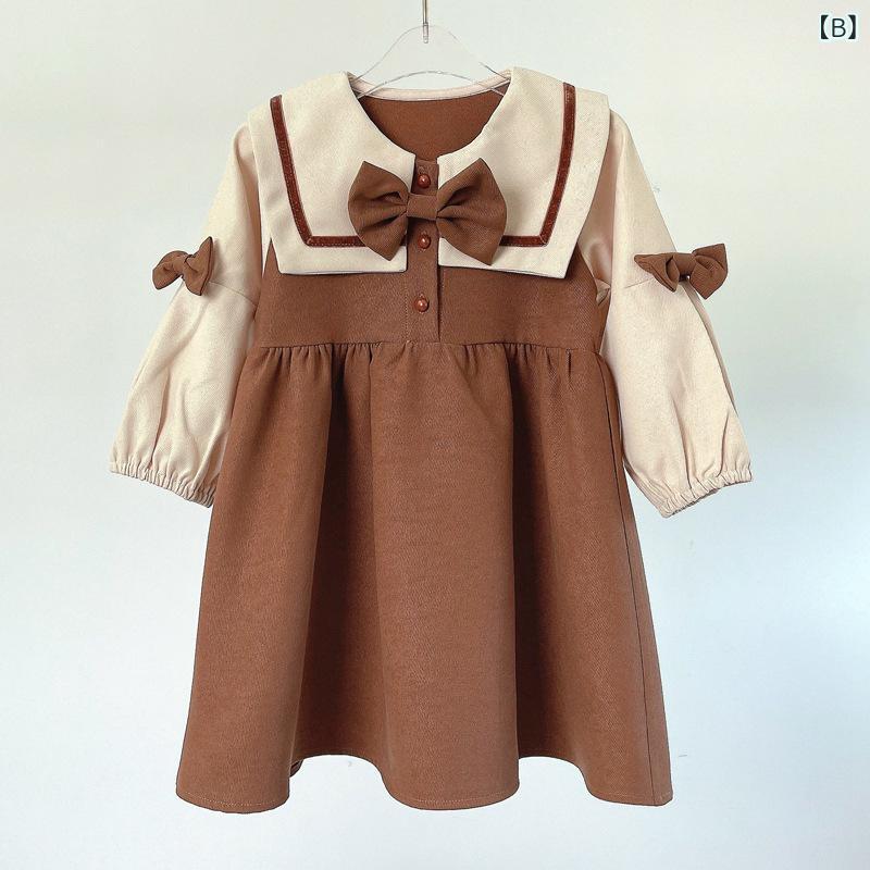 ワンピース 女の子 キッズ 長袖 スクール風 Aライン フレア リボン付き おしゃれ ...