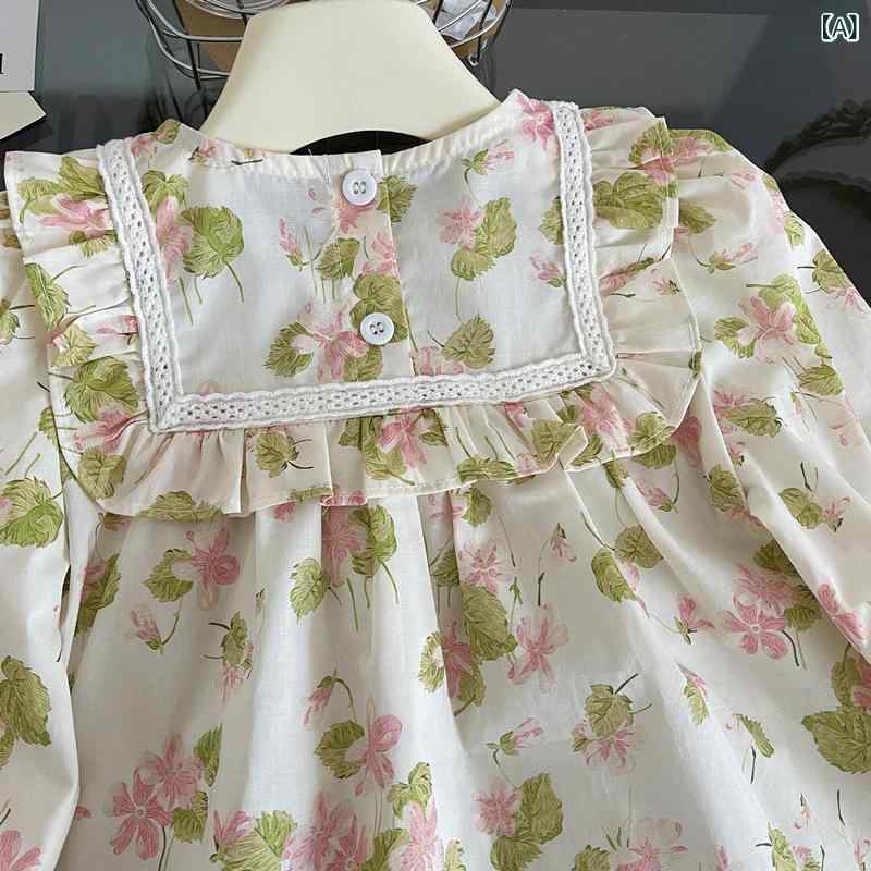 セットアップ 女の子 春夏 秋 花柄 刺繍 チュニック ブラウス プルオーバー 長袖 丸首 コットン デニム..