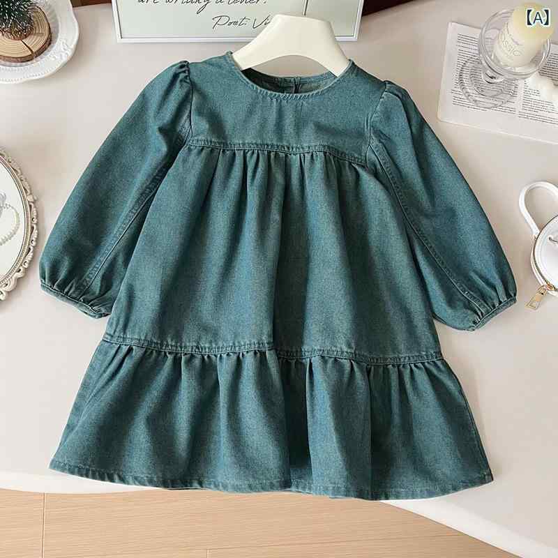 ワンピース ベビー 女の子 キッズ 女児 デニム コットン 綿混 長袖 ロング丈 Aライン 韓国風 おしゃれ ..