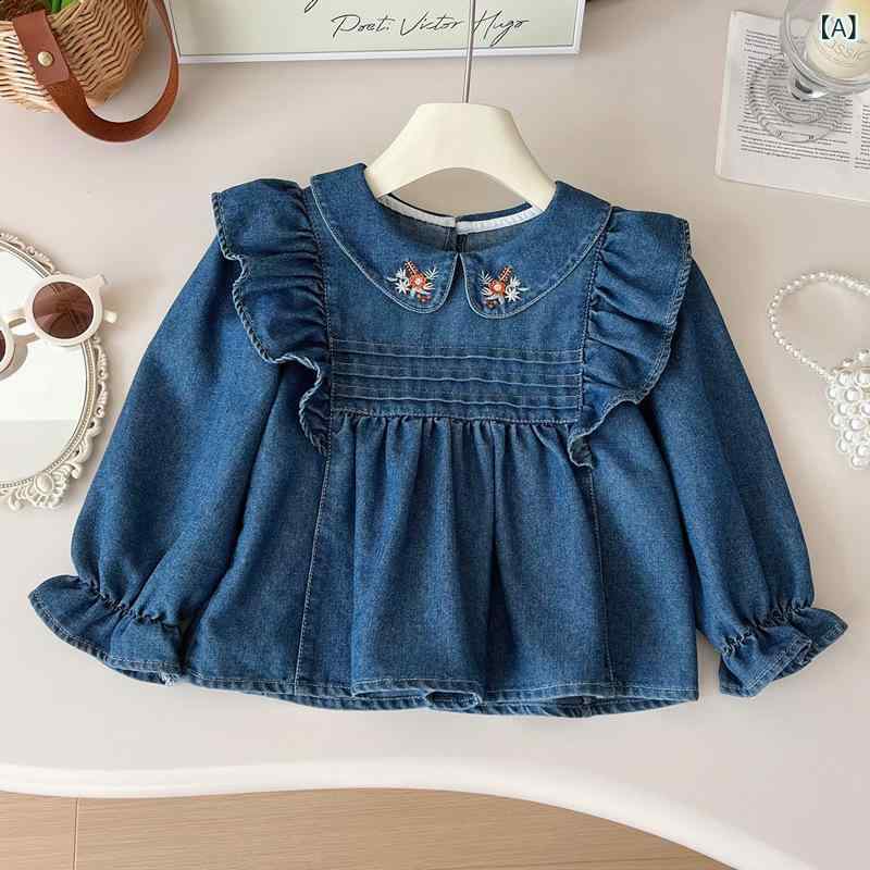 ワンピース ガールズ ソフト デニム コットンブレンド 春秋 襟付き 長袖 フレアスリーブ 刺繍 花柄 ウ..